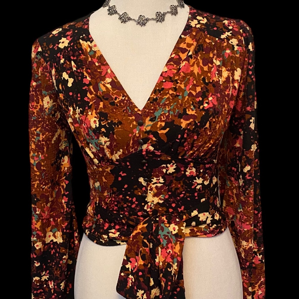 Anthropologie Bohemian Floral Balloon-Sleeve Blouse Open Back Tie Belt Top XS